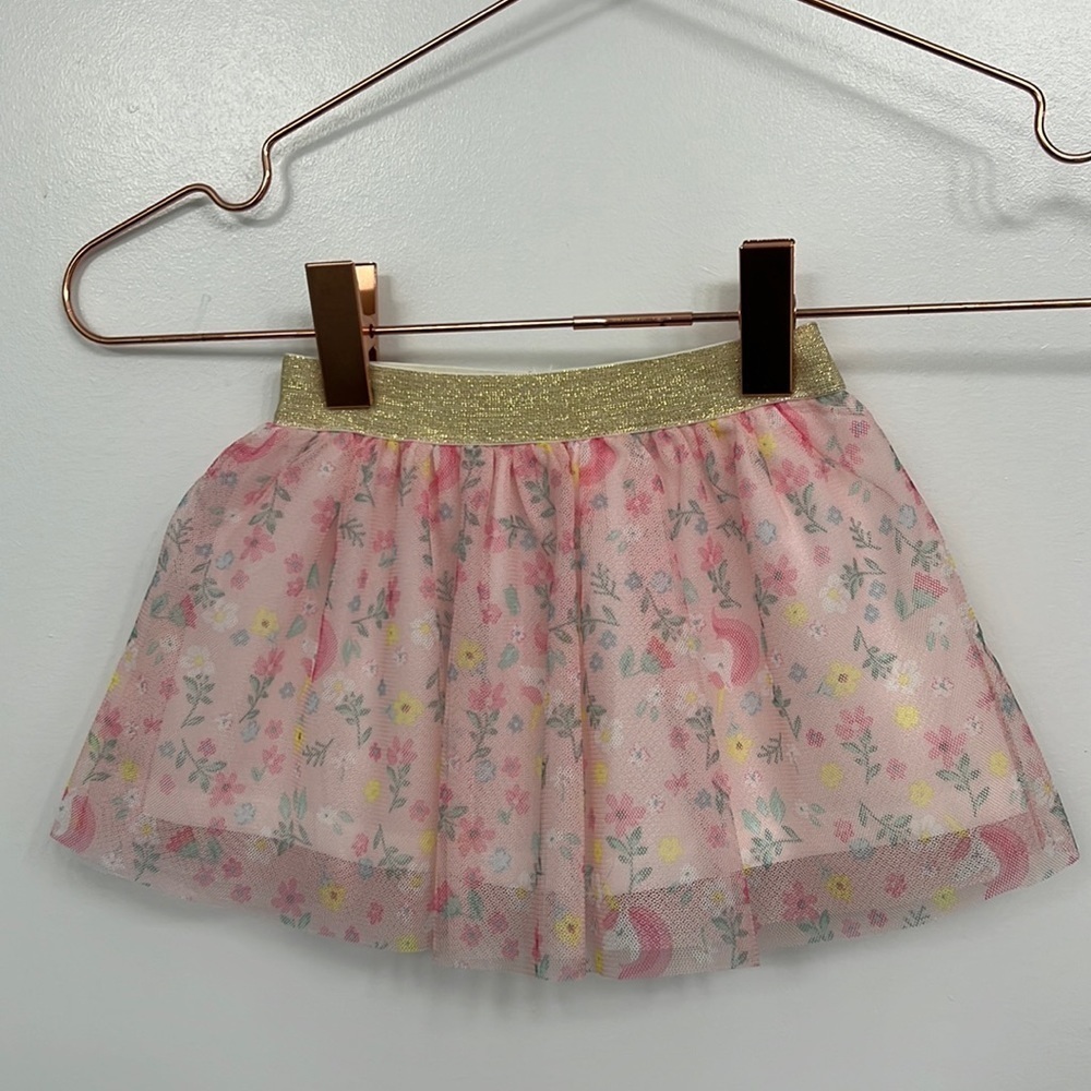 CARTERS SPARKLY PINK TULLE GLITTER SKIRT PINK WITH FLOWERS & UNICORNS